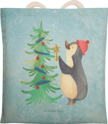 Produktbild von Mr. & Mrs. Panda Tote Bag Pinguin Weihnachtsbaum - Eisblau - Geschenk, Tragetasche, Winter, shopping, Große Einkaufstasche, Weihnachten, Stoffbeutel, Tasche