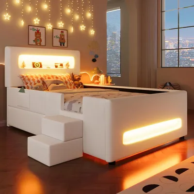 Image de Lit plateforme 90x200, rembourré, avec escalier, tiroirs, éclairage LED, ports USB, et poches de rangement