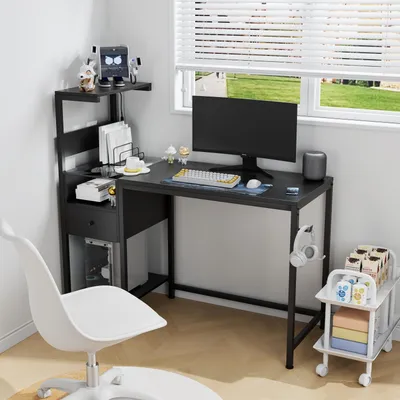 Produktbild von Computer-Schreibtisch schwarz mit Steckdose, Ablagefächern, USB-Ladestation, für Homeoffice & Studium