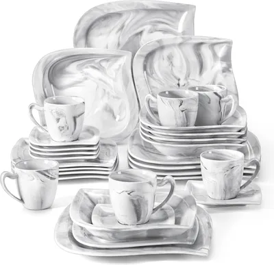 Produktbild von MALACASA, série Elvira, 30 ks mramorový porcelánový jídelní servis s šálky na kávu, podšálky, dezertními talíři, polévkovými talíři a plochými talíři pro 6 osob