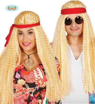 Produktbild von blonde lange Hippie Perücke mit Stirnband für Erwachsene