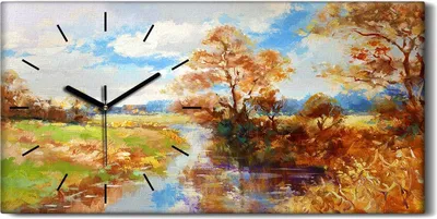 Produktbild von Wandbild Leinwand Bilder mit Uhr 60x30 Malerei Bäume Fluss Himmel Wolken - schwarze Hände