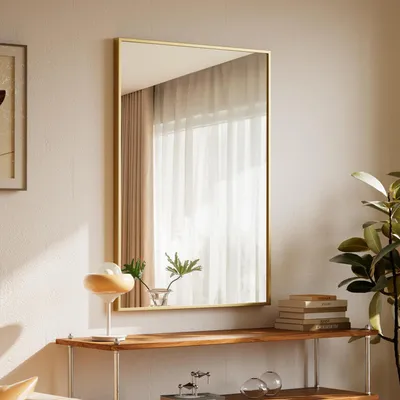 Image de Miroir mural rectangulaire, 81x61 cm, cadre en aluminium doré, verre HD et résistant aux chocs
