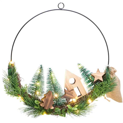 Produktbild von com-four® LED-Kranz mit Winterlandschaft - 30 cm Metallkranz mit warmweißen LEDs