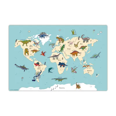 Produktbild von Schreibtischunterlage für Kinder - abwaschbar – Dinosaurier Weltkarte – aus premium Vinyl – 60 x 40 cm –  Hergestellt in Deutschland - Jungs & Mädchen