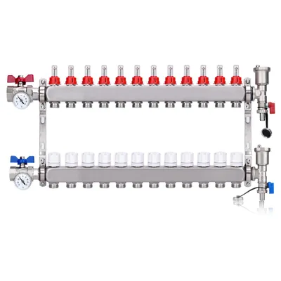 Produktbild von 12 Heizkreise Heizkreisverteiler inkl. 1" Kugelhähne mit Thermometer  Entlüfter Flussmesser Durchflussmesser | für Eurokonus 3/4 | Fußbodenheizung HKV