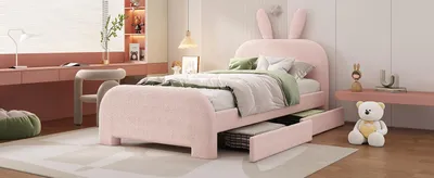 Produktbild von okwish Kinderbett Plattformbett 90×200 cm mit Lattenrost und zwei Schubladen, Polsterbett Jugendbett für Jungen und Mädchen, Funktionelles Einzelbett mit Kopfteil in Kaninchenform, Rosa(Ohne Matratze)