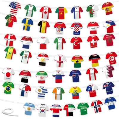 Imagen del producto de Guirnalda de banderines de fútbol, para camisetas, con 49 piezas, representando países internacionales, ideal para eventos deportivos y celebraciones relacionadas con la Copa Mundial de 2026