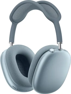 A pair of blue AirPods Max headphones shown from a front-facing angle against a white background.