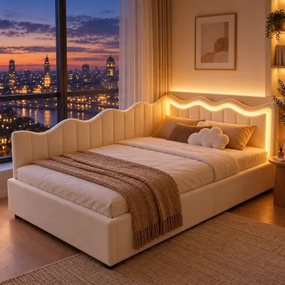 Image de INONEFT, lit de jour pour enfants, 90x200 cm, canapé-lit rembourré avec éclairage LED, espace de rangement hydraulique, lit simple en velours pour chambre d'adolescent, blanc