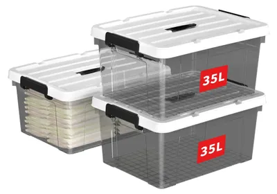 Produktbild von Set aus 3 stapelbaren Kunststoff-Aufbewahrungsboxen mit Griffen