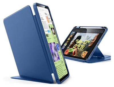Two blue tablet cases are shown, one open and displaying content, the other closed and propped up.