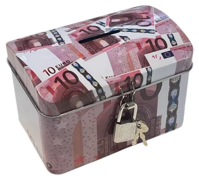 Metall-Sparbüchse mit Schloss, Euro-Banknoten-Design, 10 Euro