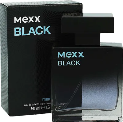 A black bottle of Mexx Black Man eau de toilette and its packaging are displayed against a white background.