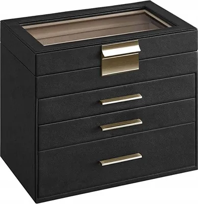 Produktbild von Songmics Schmuckschatulle 4 Ebenen Schwarz Gold mit Glasdeckel