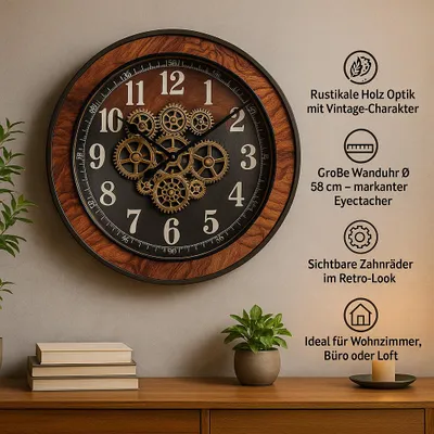 A wall clock with decorative gears displayed on a wall above a wooden cabinet with plants and books.