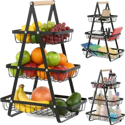 Produktbild von Obstkorb Gemüsekorb 3 Ebenen, Tragbar Obstständer, 33x18 cm H 47,5cm, Große Kapazität, Metalldraht, Gemüseregal Organiser, für Kosmetikartikel, Schulaccessoires, Badezimmeraccessoires, Bürobedarf