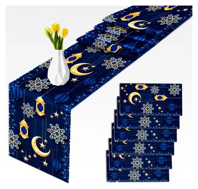 Produktbild von 6 Stück Ramadan Tischläufer Blau mit Mond und Stern Muster für Iftar und Festlichkeiten, 275x35CM