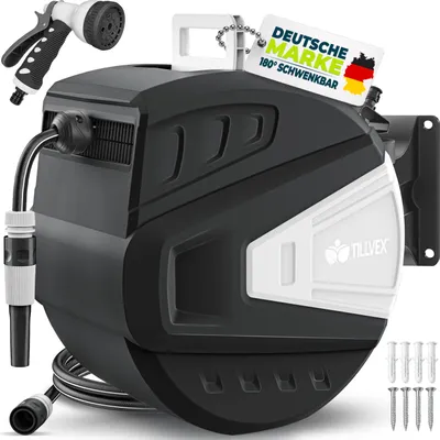 Produktbild von tillvex Schlauchtrommel Wasser 35+2m Schwarz mit Wandhalterung + Tragegriff | Schlauchaufroller mit Handbrause und Gartenschlauch | 180° Schwenkbar | Wand-Schlauchbox mit Aufroll-Automatik