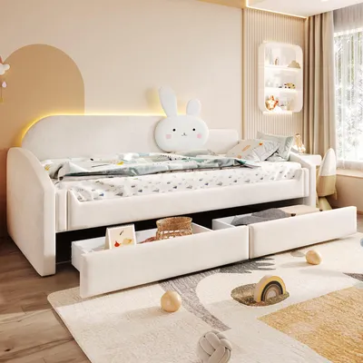 Produktbild von Schlafsofa 90x200 cm, mit LED - Beleuchtung, mit Schubladen, mit Stauraum, mit Lattenrost, für Kinder - und Jugendzimmer, Beige