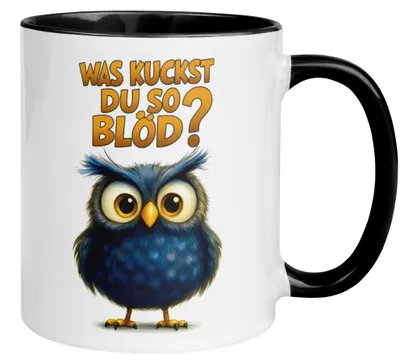 Produktbild von Tasse Eule – „Was kuckst du so blöd“ – lustiger Eulen Geschenk Becher für Morgenmuffel