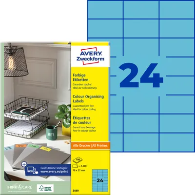 Produktbild von Avery Zweckform 3449, Farbige Etiketten, A4, 70 x 37 mm, 2.400 Etiketten / 100 Bögen, blau