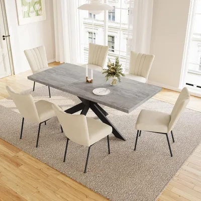 Obrázok produktu pre Rozťahovací jedálenský stôl pre 4-8 osôb, vyrobený z MDF dreva, farba: sivá, rozmer: 170 x 85 x 76 cm