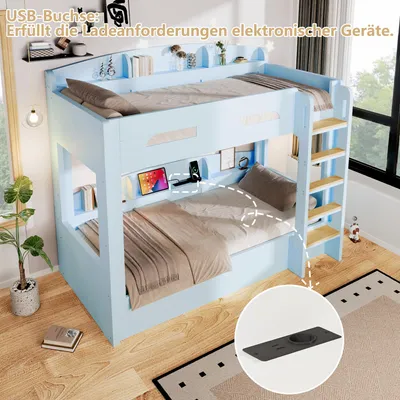 Image de Lit superposé Merax, 90x200 cm, avec lit en dessous, prise USB et étagères, lit double en bois pour adolescents, lit pour enfants, bleu clair