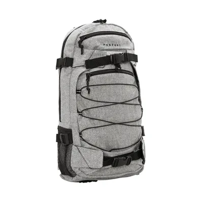 A gray backpack with black accents is shown against a white background.
