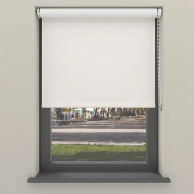 A white roller blind is shown covering a window, with a view of a street and trees visible through the lower part of the window.