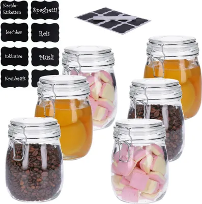Obrázok produktu pre sada 6 nádob s výkyvným vrchnákom vrátane 8 kriedových nálepiek a pera okrúhleho tvaru (6 x830 ml)