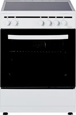A front view of a white freestanding electric stove with a glass ceramic hob and an oven.