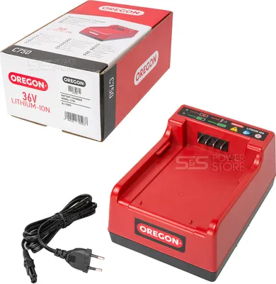 A product shot showing the Oregon C750 battery charger and its packaging.