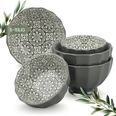 Imagen del producto de Juego de 5 cuencos de porcelana, color gris, con diseño bohemio