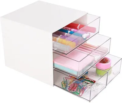 Obrázek produktu pro Úložná krabice Unyqoos® se 4 průhlednými zásuvkami – bílá plastová organizérská krabice, rozměry 16,7 x 15,5 x 14,5 cm, vhodná do kanceláře, koupelny a ložnice