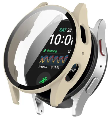 Obrázok produktu pre Pre Samsung Galaxy Watch 7 44mm plastové puzdro na inteligentné hodinky + ochranné tvrdé sklo béžovej farby