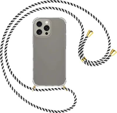 Produktbild von Handykette Backcover-Schutzhülle mit Band (Metall goldfarben) für iPhone 16 Pro Max - schwarz/weiß gestreift