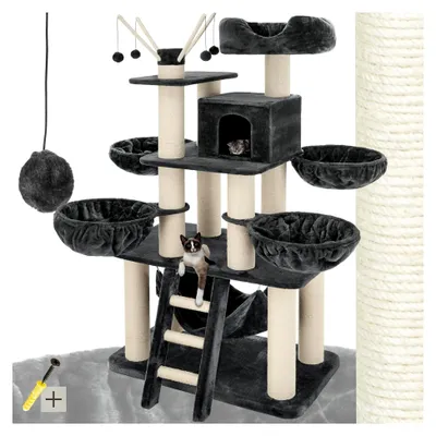 Produktbild von Katzenbaum XXL, 195 cm, deckenhoch, Kletterbaum mit Liegemulden, Hängematte, Treppe und Höhle, stabile Sisalsäulen, Spielbaum für Katzen - grau/weiß