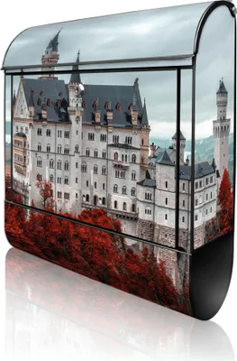 Zdjęcie produktu dla banjado Design Skrzynka pocztowa stalowa czarna z przegródką na gazety, malowana proszkowo „Neuschwanstein” 38 x 46 x 12,5 cm i 2 klucze – skrzynka pocztowa A4 z otworem na listy, wraz z materiałami montażowymi [BK 12940]