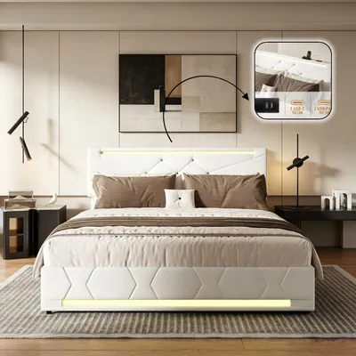 Obrázok produktu pre INONEFT Posteľ s pružinovým roštom, 160x200 cm, čalúnená posteľ s hydraulickým úložným priestorom, dvojposteľ pre mládež s LED osvetlením a USB portami, farba: béžová