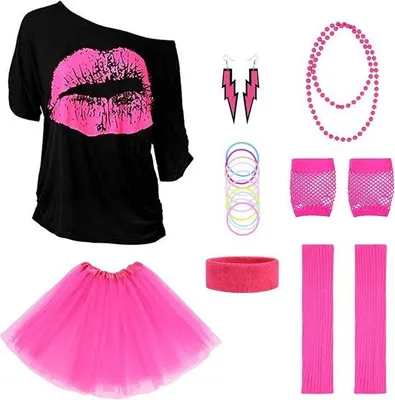 Produktbild von Set mit Accessoires im 80er-Jahre-Stil, bestehend aus 8 Teilen: T-Shirt, Stirnband, Ohrringe, Halskette, Brille, in Neonfarben, ideal für 80er-Jahre-Partys, Mardi Gras und für Damen