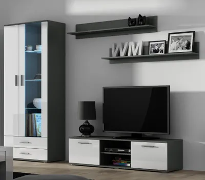 Produktbild von Furniture24 Wohnwand SOHO 11 mit Blauer LED Beleuchtung, Anbauwand, Wohnzimmerschrank, Schrankwand, Vitrine, Lowboard, HängeregalGrau/Weiß Hochglanz