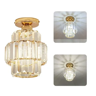 Produktbild von Goldene Kristall-Deckenlampe mit E27-Fassung, moderner Mini-Kronleuchter zur Deckenmontage, ideal für Flur, Küche & Eingangsbereich
