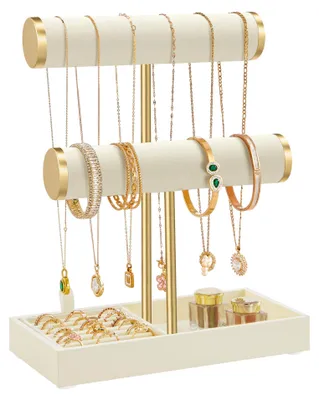 Produktbild von SONGMICS Schmuckhalter, Schmuckständer, 2 Armbandhalter, Schmuck-Organizer, mit Tablett aus Samt, abnehmbarer Ringhalter, cremeweiß-blassgold JJS039W1