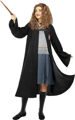 A person wearing a Hermione Granger costume, holding a wand.