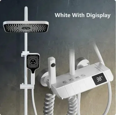 Obrázok produktu pre Digitálna sprchová batéria – 4 funkcie – medená batéria – nerezová oceľ/ABS/PVC – sprcha – batéria – biela