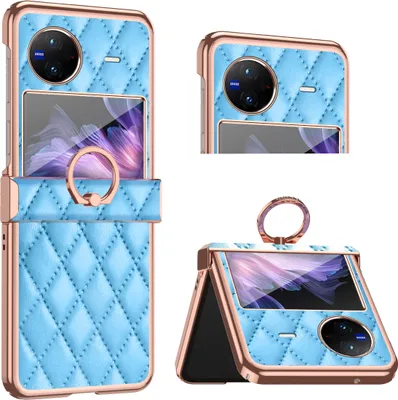 Produktbild von Luxus Leder Muster Galvanik Handyhülle für Vivo X Flip mit Ringhalterung und Scharnierschutz Blau