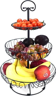 Obrázek produktu pro Kovová mísa na ovoce – třípatrový drátěný stojan – na ovocné koláče a občerstvení – černá – 30 x 45 cm