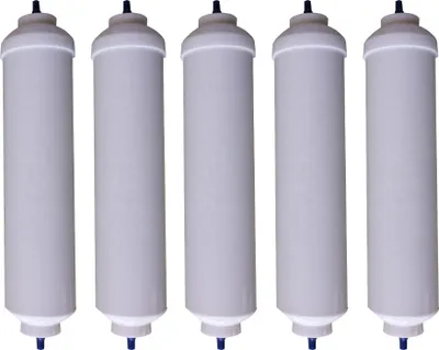 Five identical water filter cartridges are arranged in a row against a white background.