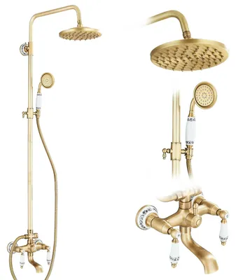 Produktbild von Badewannen-Duschset - Duschsäule mit Armatur - Antikmessing E1 - Wandmontage - Regendusche - Handbrause - Zweigriffarmatur